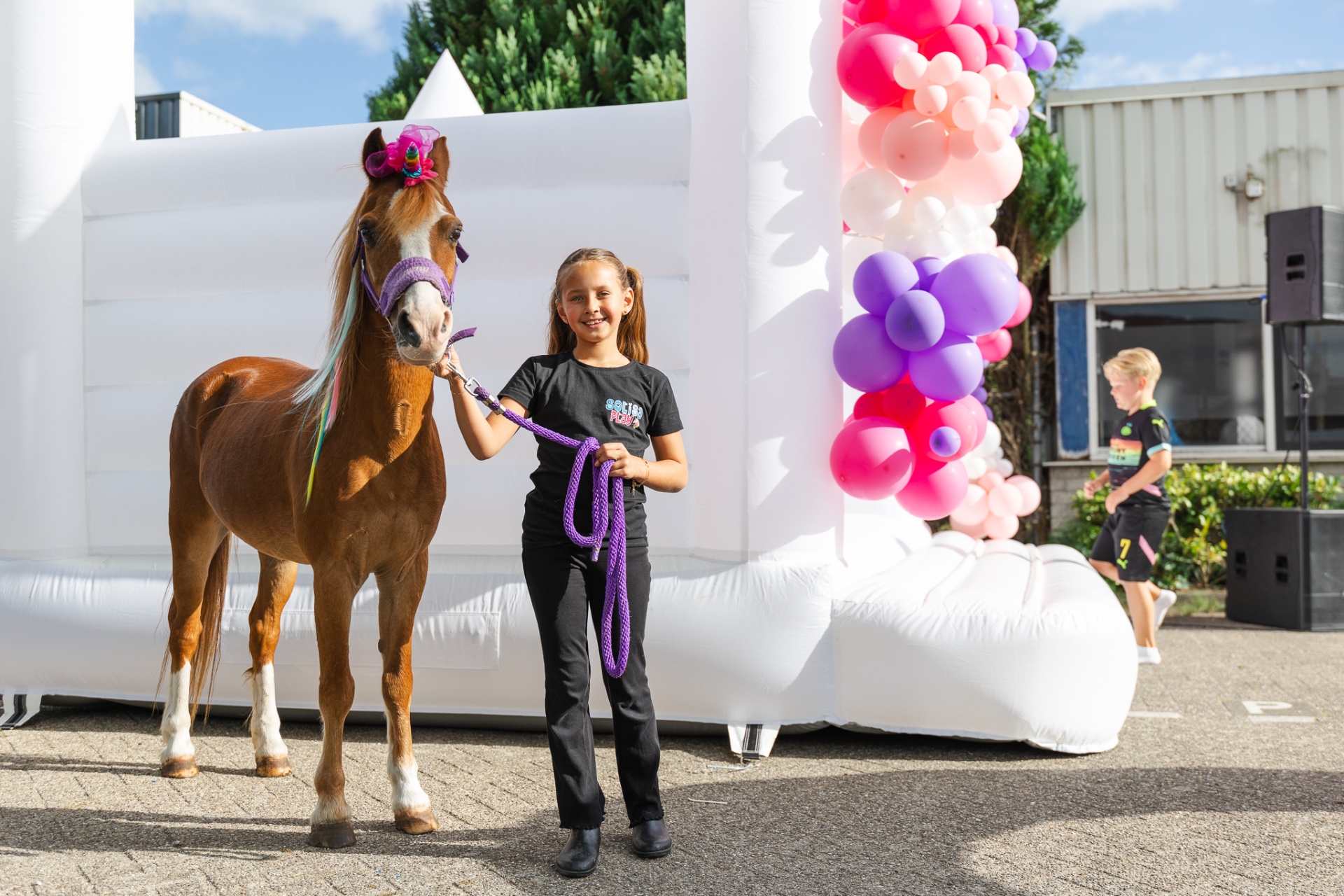 Happy child with beautiful pony and colorful balloons from SolisaPlay